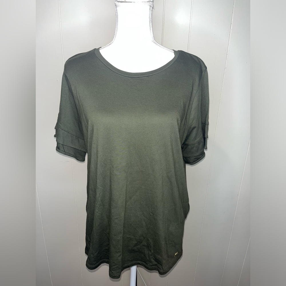 Michael Kors Dark Green Ruffle Short Sleeve Top